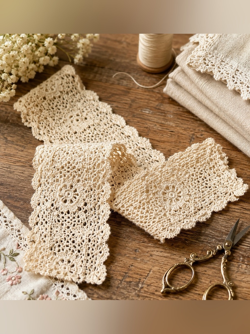 Vintage Ivory Crochet Lace Trim Cotton Floral Scalloped Sewing Craft 4 x 21